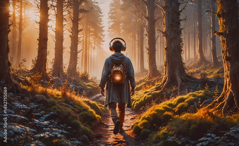 Poster Man is walking through a forest with a backpack on. The forest is filled with trees and the sun is shining through the leaves. The man is wearing headphones and he is listening to music