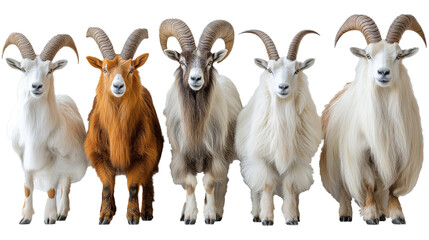  An ultra-realistic photograph of five differently colored and sized goats with long horns