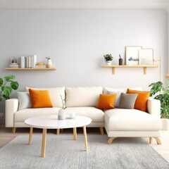 Interior of minimalist living room with white sofa, orange cushions, round table, shelves, plants, front view