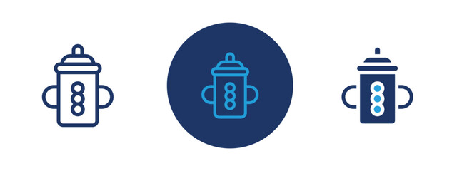 Set of 5 pixel perfect colored Baby sippy icon with 1 unexpanded, 1 silhouette,  Training cup with handles and lid for toddlers.