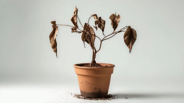 A single drooping plant in a pot positioned against a simple backdrop.