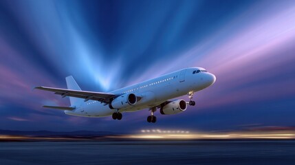 Fototapeta premium commercial airplane taking off with motion blur, dramatic sky background