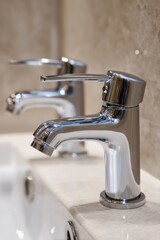 Modern Chrome Bathroom Faucets Close Up on Marble Countertop in Contemporary Home Bathroom Fixture Design