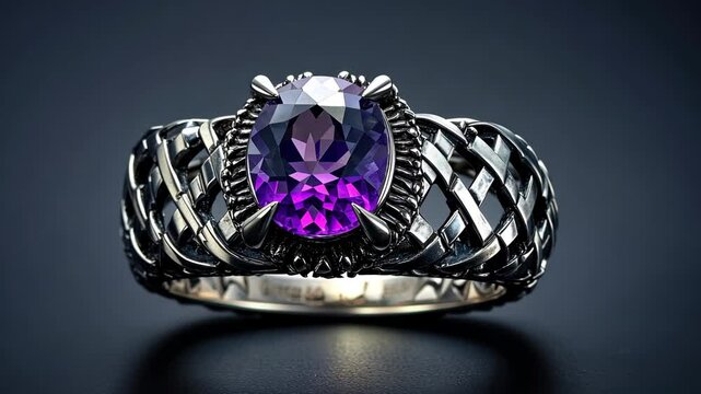 Amethyst gemstone ring with intricate silver design on display