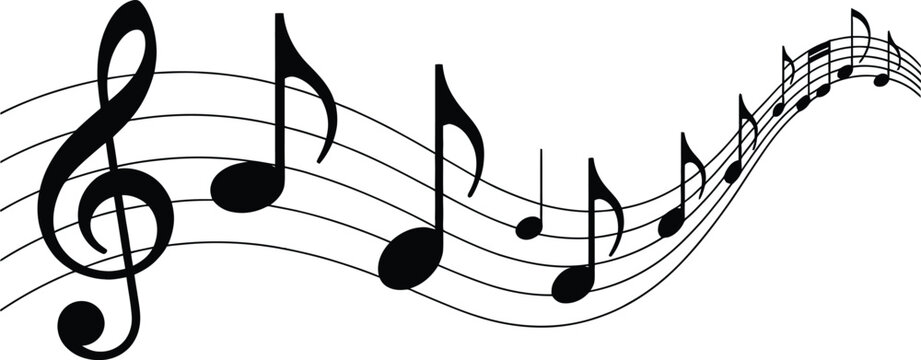  A musical staff with a treble clef and various notes flowing across a white background design element