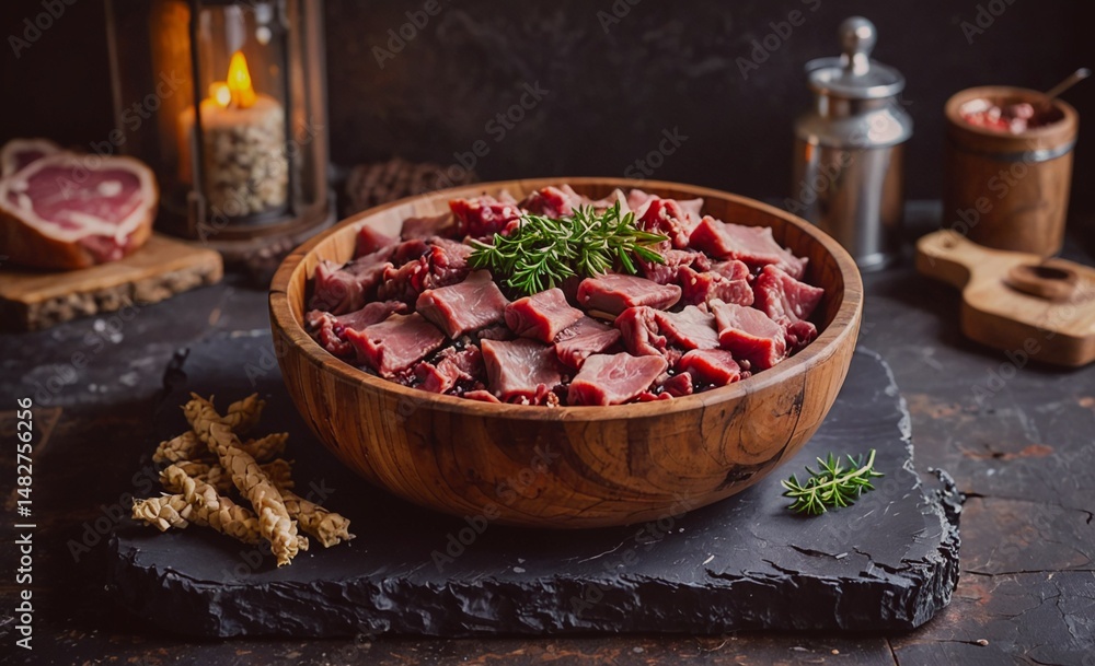 Poster bowl of meat with herbs and spices on a table. the bowl is full of meat and herbs, and there are som