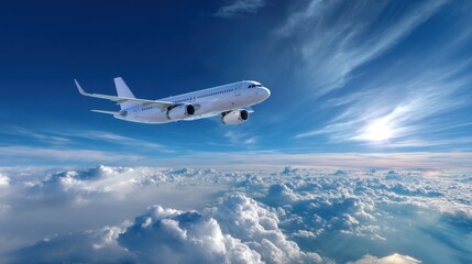 Fototapeta premium commercial flight in mid-air with clouds below and blue sky above