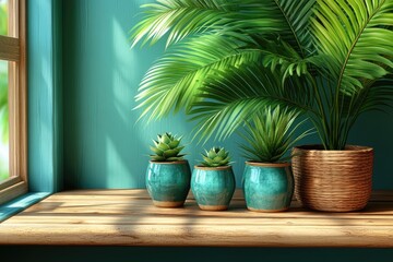 Fototapeta premium Indoor plants on windowsill, teal pots