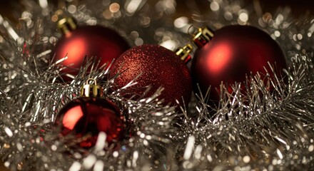 Red Christmas Ornaments and Tinsel
