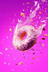 Naklejka premium Sprinkled Donut in Mid-Air with Candy Pieces and Water Splash on Fuchsia Background Studio Shot