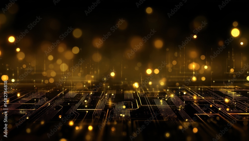 Poster abstract golden circuit board background with bokeh lights