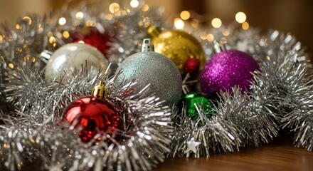 Colorful Christmas Ornaments and Tinsel