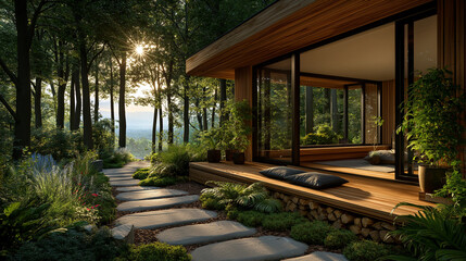 Serene Forest Cabin Retreat: A tranquil cabin nestled in a lush forest, a sanctuary of peace and modern design seamlessly blending with nature, evoking a sense of escape and serenity.