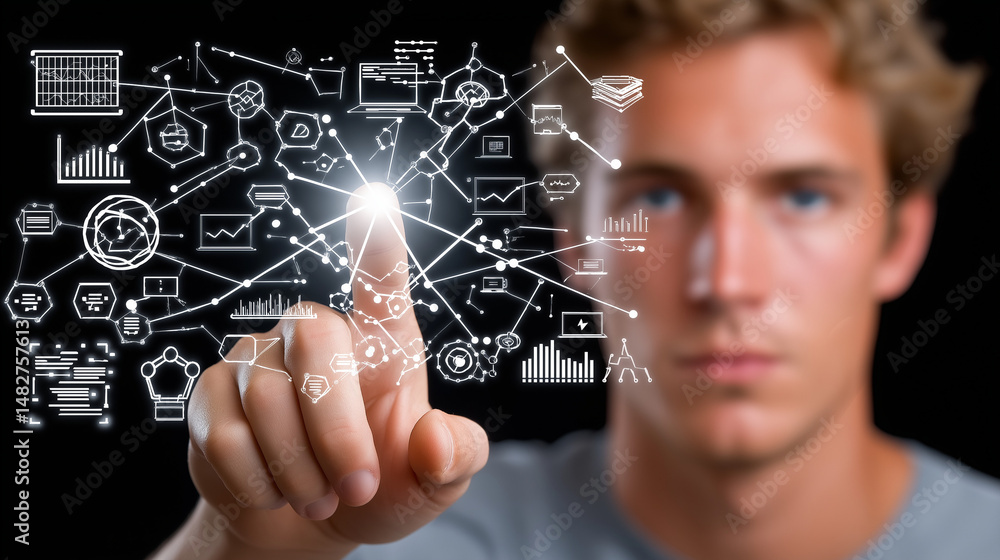 Poster man interacting with digital network: a young man, with a determined look, uses his finger to intera