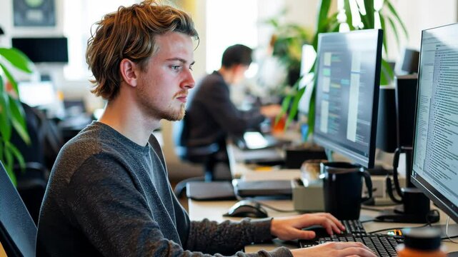 Focused developer coding in a busy office environment with colleagues