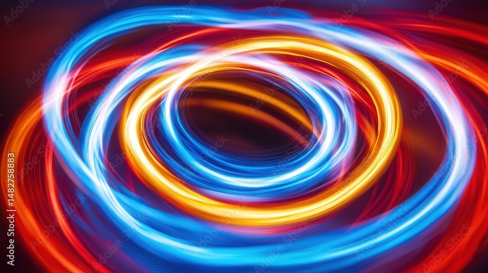 Poster neon tunnel, where spiraling lights of neon red and blue form a continuous loop that draws the viewe