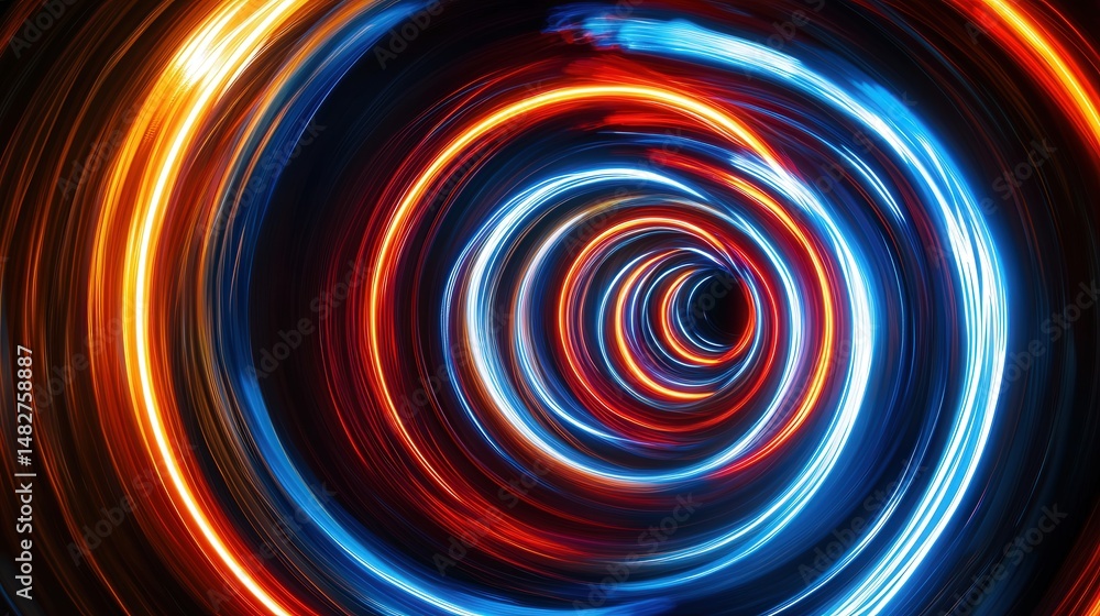 Poster neon tunnel, where spiraling lights of neon red and blue form a continuous loop that draws the viewe