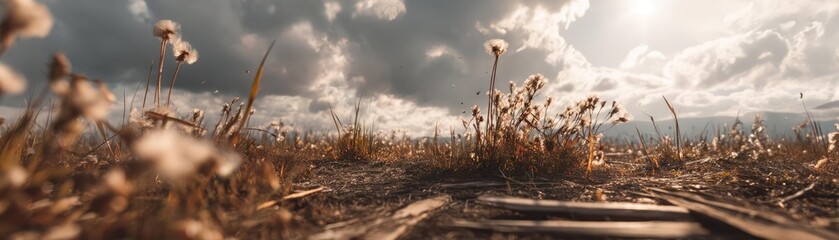 Obraz premium Blowing in the wind among dreamy flowers and torn grass concept. A tranquil landscape with golden grass and dramatic cloudy skies.