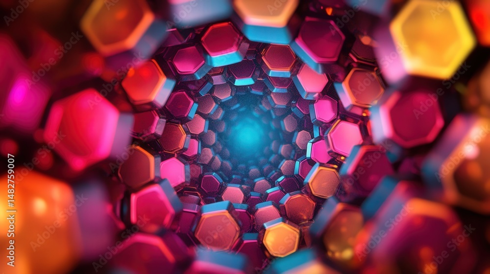 Poster abstract hexagonal shapes forming a tunnel, with bright colors pulsating and shifting as the viewer 