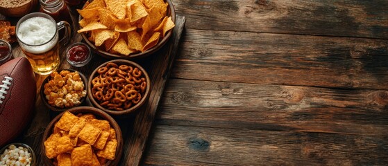 Football Game Day Snacks Still Life on Rustic Wood Tabletop with Beer and Chips Overhead View