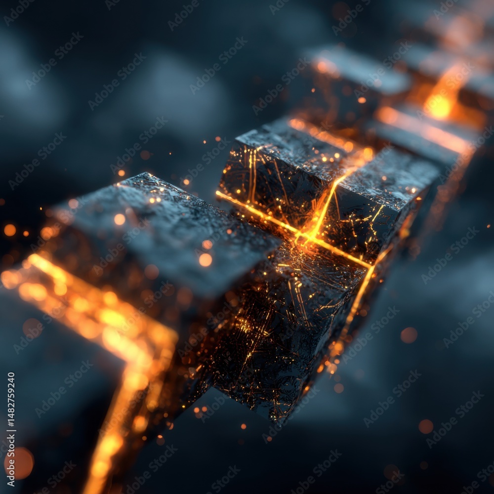 Poster abstract technology blocks connected with glowing lines close up macro shot dark blue background