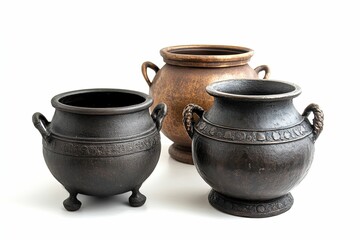 Two black pots with handles are sitting on a white background. , isolated on white background.
