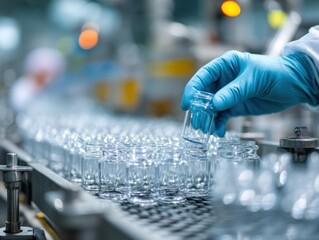 Pharmaceutical Manufacturing Close Up of Hand Placing Glass Vial on Conveyor Belt in Clean Room for Vaccine Production