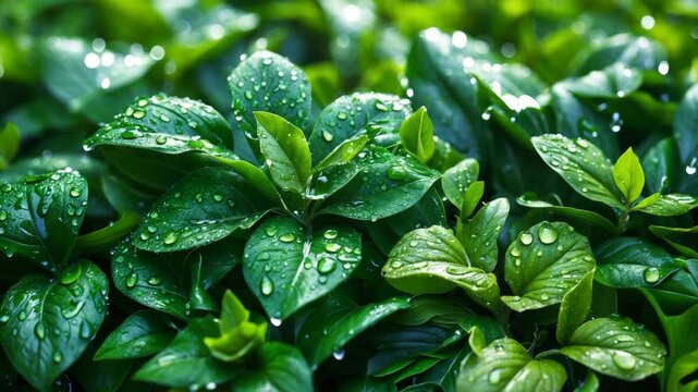 Vibrant green leaves backdrop embellished with water droplets.