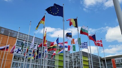 European Union members flags waving in Luxembourg - Powered by Adobe