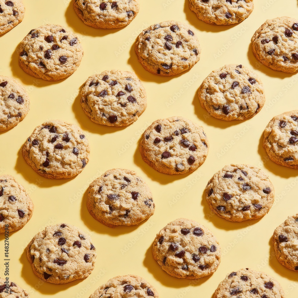 Poster chocolate chip cookies arranged in pattern overhead flat lay studio shot on yellow background baked 