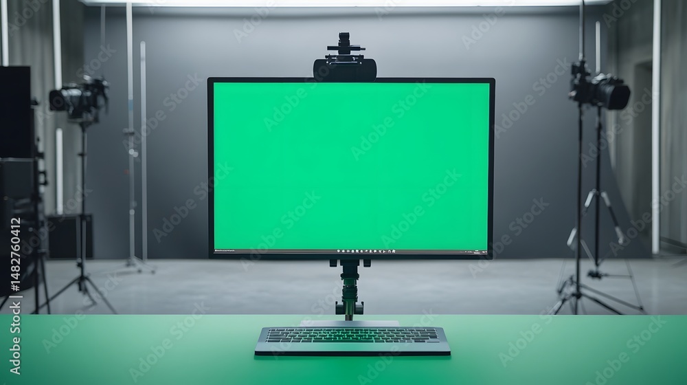 Poster digital workspace setup with green screen monitor for online work and tech innovation