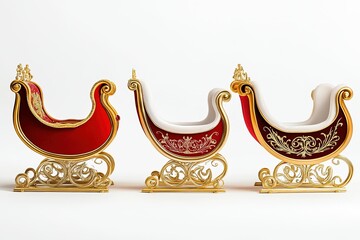 Three sleigh chairs with antlers on them. , isolated on white background.