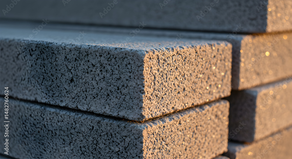 Poster stacked gray textured blocks catching golden light creating warm sparkling effect against blurred ba