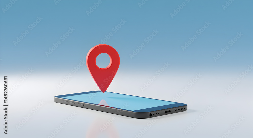 Fototapete Stylized 3D Rendering of a Red Location Pin Icon on a Smartphone with a Blue Gradient Background Emphasizing Mobile Technology and Navigation