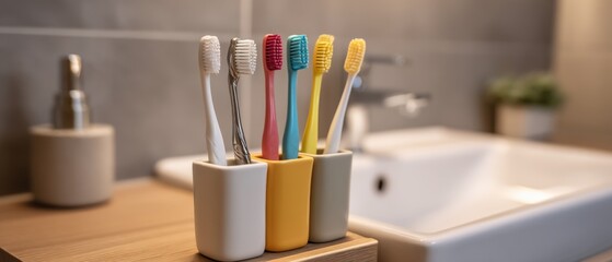 Obraz premium Colorful Toothbrushes Standing in Holders on Bathroom Countertop Close Up Dental Hygiene Routine