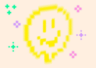 Stylized melting smile face vector illustration. Creative concept of summer cover. Glad happy face halftone dot pattern. Abstract grunge overlay texture. Bold and grange dotted design element