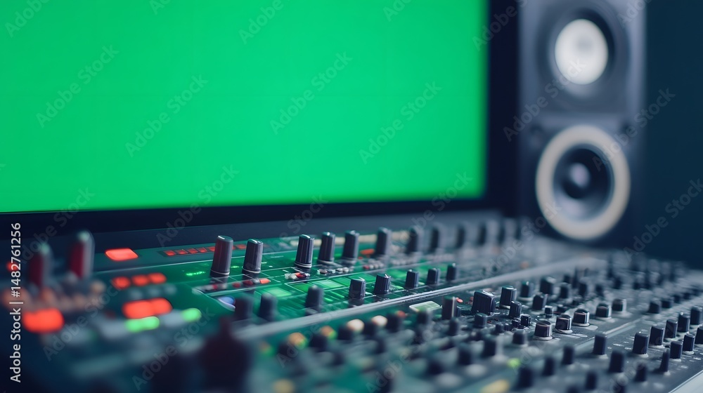 Poster retro audio mixing console with modern features for content creation