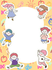 ジャンプする子どもたちのポップな縦型フレーム　落書き風背景