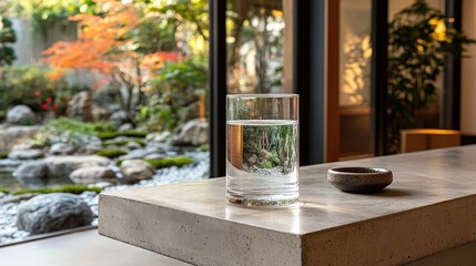 Fototapeta premium Minimalist water glass on concrete table painted with Japanese zen garden that appears to extend into the real rock garden visible through windows