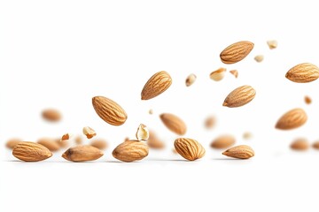 A pile of almonds is scattered across a white background.  , isolated on white background.