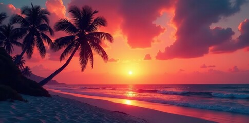 Naklejka premium Dark palm silhouettes against vibrant sunset sky over sandy beach , escape, ocean