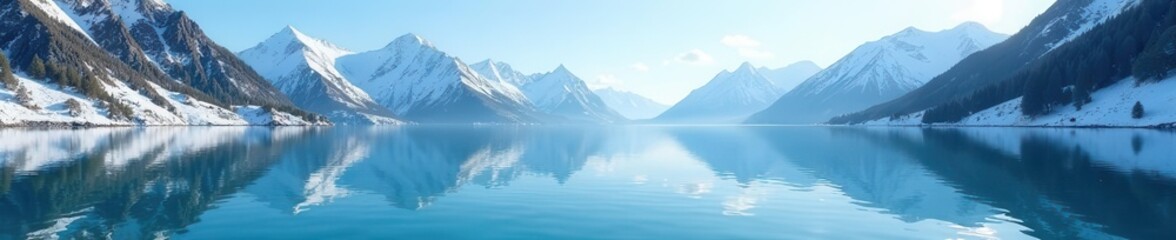 Crystal clear water perfectly reflecting snow-capped mountains , frozen, snow reflection, landscape
