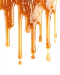 Dripping caramel sauce close up studio shot on white background delicious sweet dessert ingredient for cooking baking