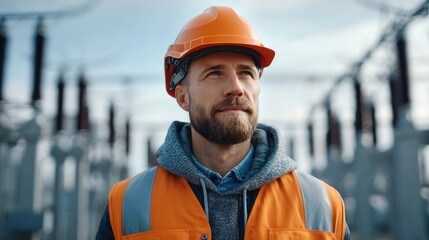 A thoughtful engineer, wearing a hard hat and safety vest, looks up in an outdoor power substation setting.