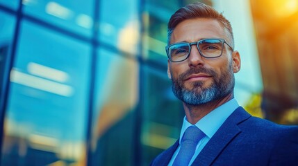A confident, professional man in a suit, sporting a distinguished beard and stylish glasses, stands outside a modern building.