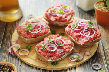 Traditional German sandwiches with minced meat Mettbroetchen