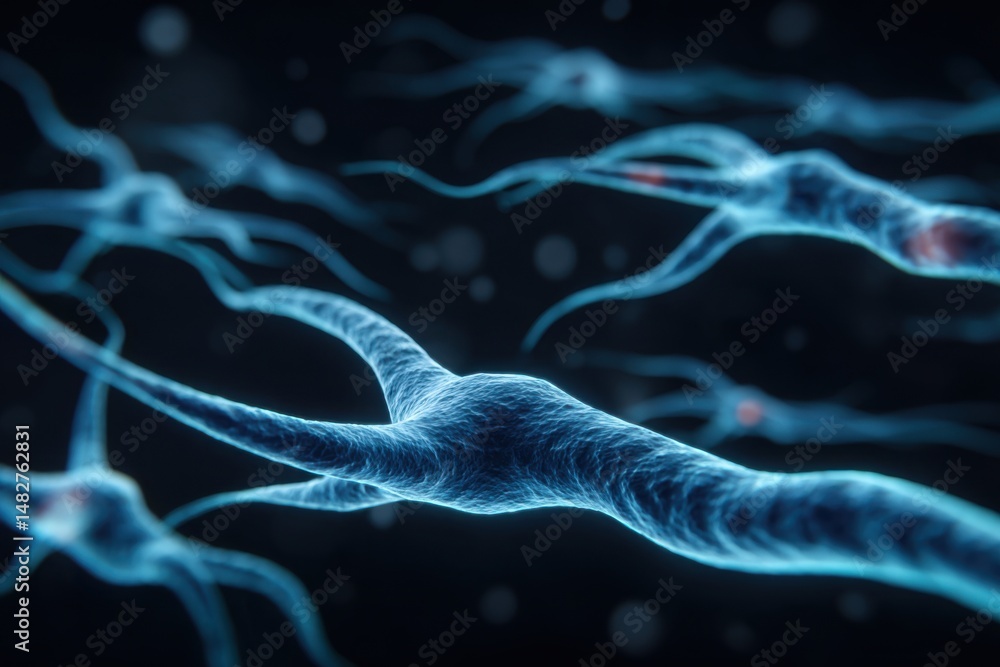 Poster microscopic view of neurons transmitting signals in a neural network science and medicine concept re