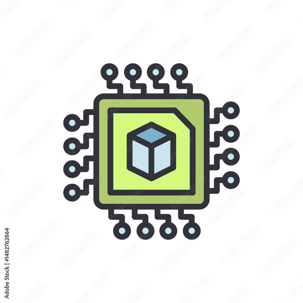 Poster stylized microchip icon featuring cubic element illustrating modern technology