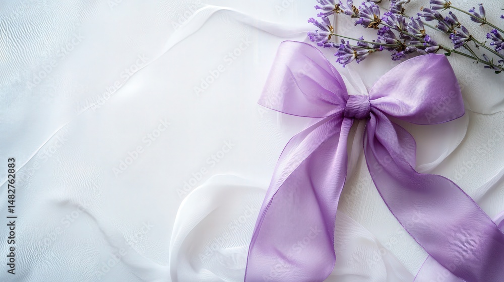 Poster lavender ribbon with a tiny bow, daintily centered on a white canvas for a soft and calming effect
