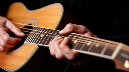 Close-up of aging hands playing acoustic guitar